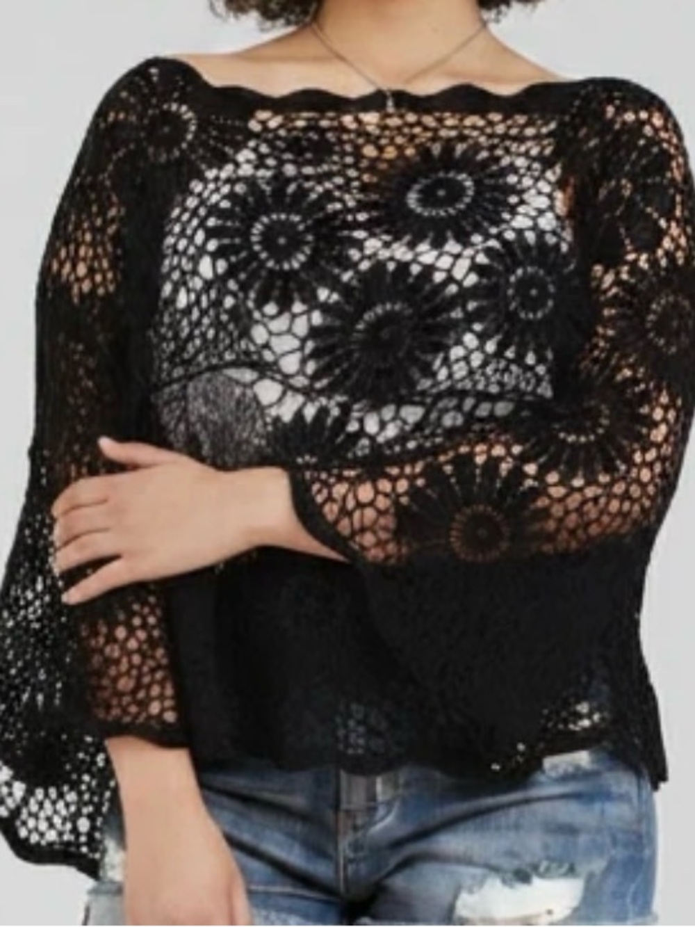 ADORA Black Crochet Lace Bell-Sleeve Top